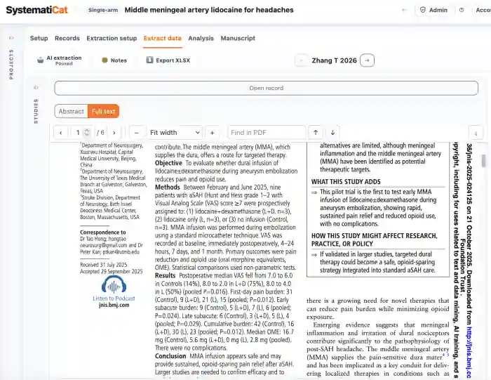 SystematiCat extraction workspace showing a full-text PDF beside the structured data workflow.