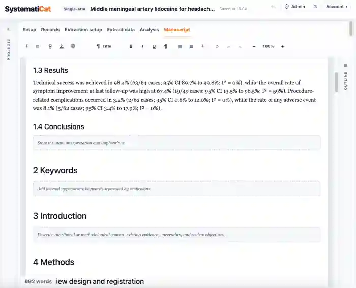 SystematiCat manuscript editor showing linked numerical results within a structured review manuscript.