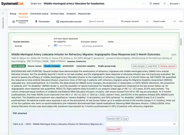 SystematiCat Records workspace showing an included study, its screening decision and an attached PDF.